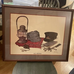 FRAMED Signed WALL HANGING PRINT ROBERT CONELY "All Aboard!” Train Conductor - Picture 1 of 8