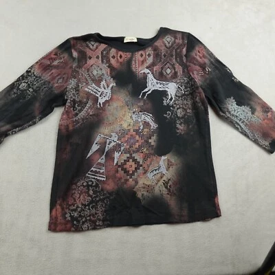 Cactus Top Women L Black Blouse Print Boho Artistic Aztec Horses - Image 1 of 4