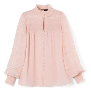 WHITE HOUSE BLACK MARKET Dusty Pink Mixed Lace Dot High Neck Button Small Top - Picture 1 of 9