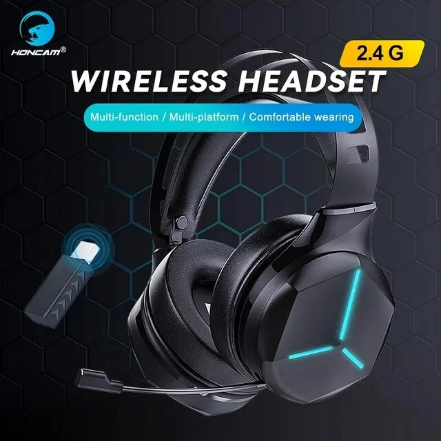 HONCAM Ultra Low Latency Gaming Headset, RGB LED Mic, Wireless Bluetooth, PS5 PC Xbox