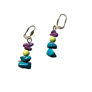 Sterling Silver Earrings Turquoise chips purple lever back 2" READ - Picture 1 of 3