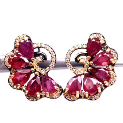 925 Sterling Silver 4 x 6 MM. Red Ruby & White Zircon Black Friday Earrings - Image 1 of 4