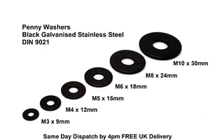Penny Washers Stainless Steel BLACK M3-M10 Large Mudguard DIN9021 Pack 4/ 10/ 20 - Picture 1 of 3