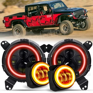 Red Halo Round LED Headlights+Fog Lights For Jeep Wrangler JL 2018+ Gladiator JT - Bild 1 von 23