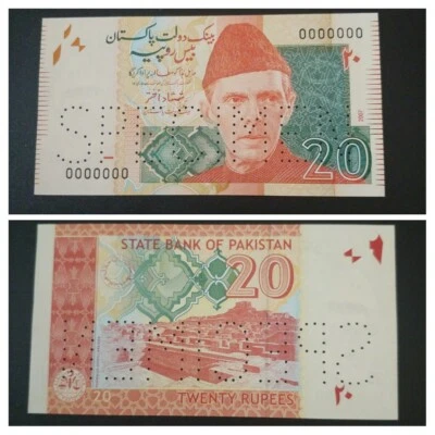 VERY RARE PAKISTAN "SPECIMEN" BANKNOTE 2007, 20 RUPEES  SIGNED BY 1ST LADY GOVER - Image 1 of 3