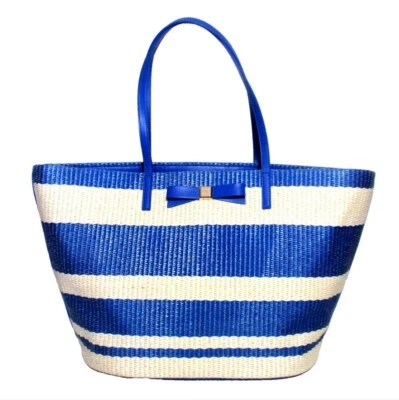 Bolso de Mano Grande Kate Spade Azul Blanco Rayas Paja Wicklow Court Anabette Foto 1 de 4