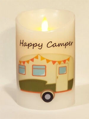 Happy Camper (verde oliva) - Vela LED de llama móvil - Cera blanca - Interior - 3,5" Foto 1 de 4