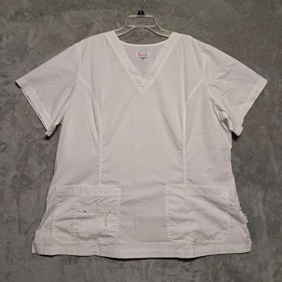 Peaches Womens Size 3X Scrub Shirt Top White Multi Pocket V-neck Workwear - Image 1 of 4