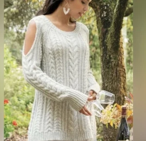 Suéter de hombro frío Soft Surroundings Plus 3X gris tejido con cable lana pescador - Imagen 1 de 9