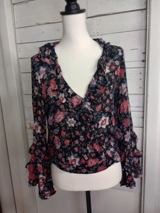American Eagle Größe Medium lange Glockenärmel Bluse Blumen VNeck Cropped Boho  - Bild 1 von 12