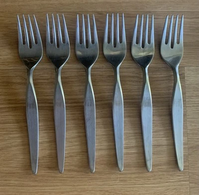 6 Salad Forks Noritake LINDEN Japan 18/8 Stainless 6 5/8” MCM - Image 1 of 4