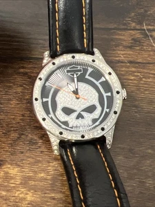 RARE Harley Davidson BULOVA Women’s Punisher Skull Diamond Leather Quartz Watch - Picture 1 of 10