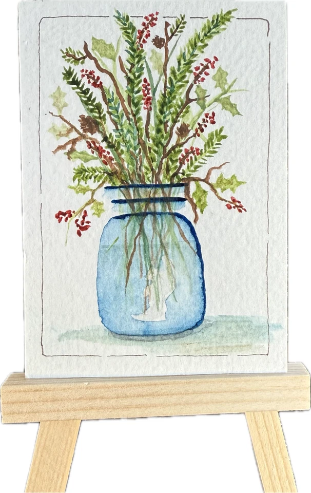 ACEO Original Watercolor Christmas Holly Flower Bouquet  New! Signed! - Image 1 of 1