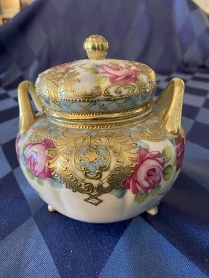 Antique Nippon Hand Painted Sugar Bowl with lid, Floral with Gold Gilding - Image 1 of 4