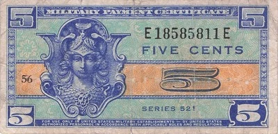 USA / MPC  5  Cents  1952  Series  521  Plate # 56  Circulated Banknote Zm - Image 1 of 2