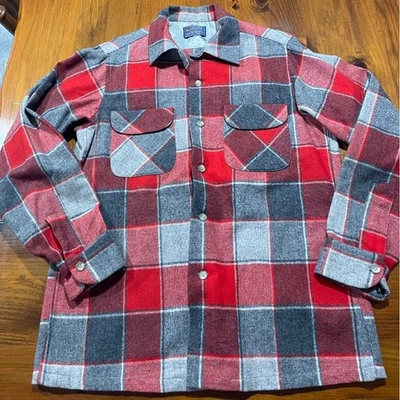Pendleton Vintage Para Hombre 100% Lana Virgen Rojo Gris Tablero Camisa Cuello Lazo Foto 1 de 4