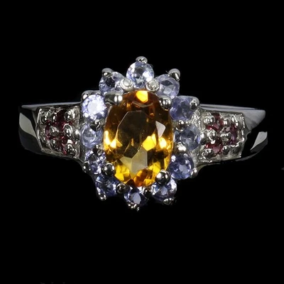 925纯银戒指椭圆形黄水晶7x5毫米红石坦桑石宝石尺寸7 — 第 1/4 张图片