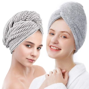 2 Pack Drying Hair Towel Wrap Rayon Polyester Microfiber Hair Turban Button - Picture 1 of 6