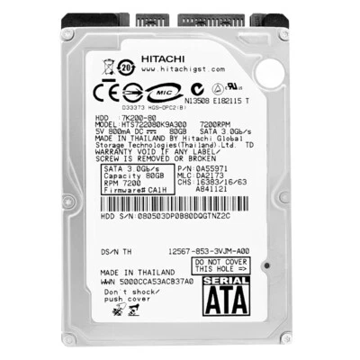Hard Drive Hitachi 80GB HTS722080K9A300 16MB Cache 7200RPM SATA II 2.5'' Inch - Image 1 of 4