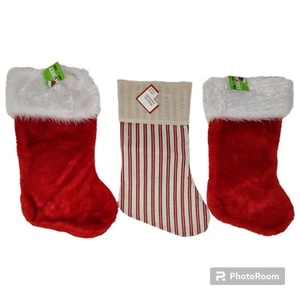 3 NWT Christmas Stockings Set 2 Classic Red White Plush and 1 Cream Red Stocking - Picture 1 of 6