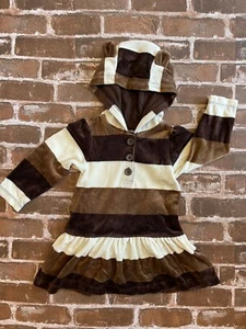 BABY GAP GIRLS BROWN VELOUR HOODIE DRESS BEAR EARS ON HOOD STRIPED 18-24 MONTHS  - Picture 1 of 4