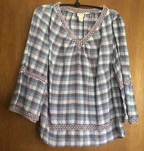 Chico’s linen top,blouse 3/4 sleeve lavender, blue, white, lav lace, size 2 p - Picture 1 of 3