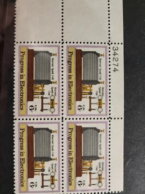 US SC#1500 Progress in Electronics Marconi's Coil/Gap 6c Plate Block 1973 -#B39 - Image 1 of 3