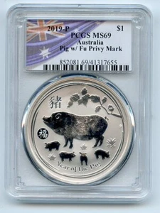 2019 P $1 Silver 1 oz Dollar Australia Year of Pig w/ Fu Privy Mark PCGS MS69 - Picture 1 of 1