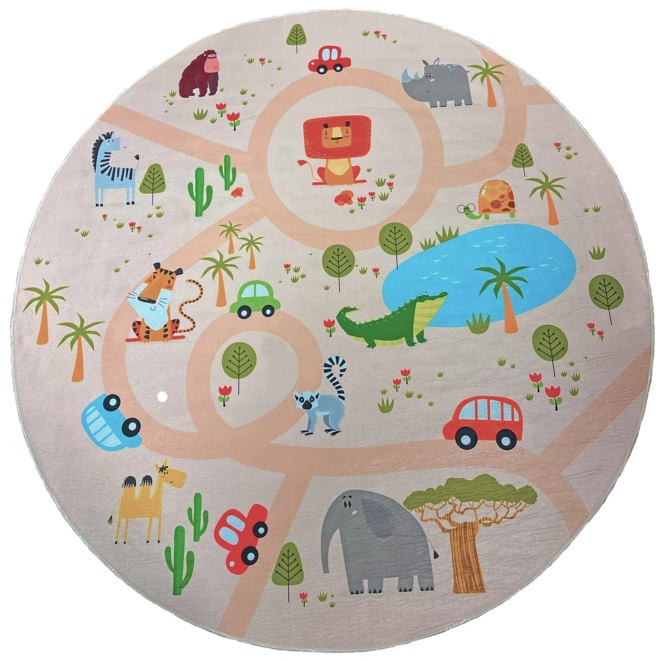 Kinderzimmer Teppich Spielteppich Safari Waschbar Anti-Rutsch Rund - Bild 1 von 1