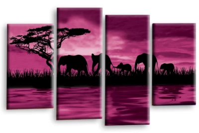 Large Elephant Wall Art Print Grey Purple Sunset Framed Canvas Split Picture - Image 1 of 4