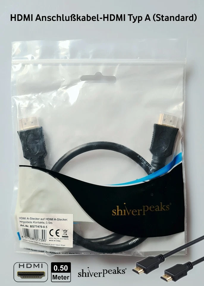 Shiver Peaks® HDMI Typ A ► HDMI Typ A - High Speed Kabel - 0,5m NEU* OVP ⭐️⭐️⭐️ - Bild 1 von 1
