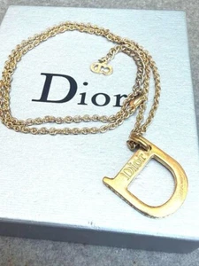 Christian Dior D Logo Rhinestone Necklace Gold Women - Picture 1 of 19