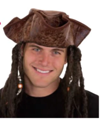 Adult Distressed Brown Caribbean Pirate Costume TriCorn Hat with Beaded Dreads - Image 1 of 2