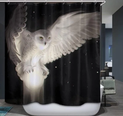 Búho nevado blanco, búho arte de pintura fondo negro moderno minimalista patio de ducha Foto 1 de 4