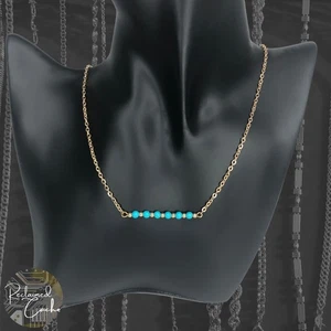 Womens Light Blue Beads Center Bar Gold Tone Dainty Chain Necklace Alloy Jewelry - Picture 1 of 4