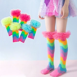 Lindos calcetines hasta la rodilla de tubo medio de encaje a rayas arco iris coloridos para niña - Imagen 1 de 10