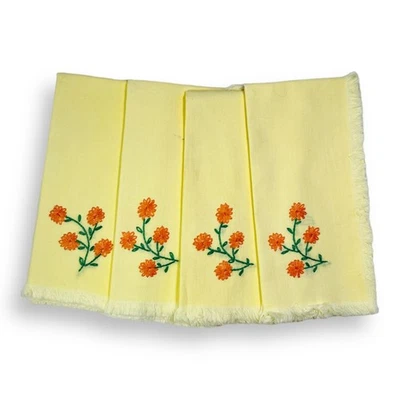 Luncheon Napkins, Yellow frayed edge, Vintage linens, Floral Embroidered - Image 1 of 4