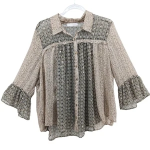 Top fluido de leopardo Ces para mujer LG Boho abotonado dorado extensible campesino  - Imagen 1 de 10