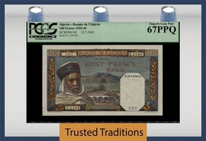 TT PK 85 1939-45 ALGERIA 100 FRANCS PMG 67 EPQ SUPERB GEM UNC ONLY TWO FINER - Bild 1 von 2