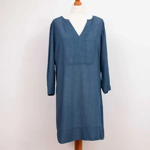 Laura Ashley UK 12 Blue Chambray Shift Tunic Dress V-Neck Dot Striped Casual - Picture 1 of 6