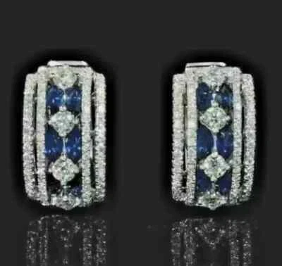 3Ct Marquise Cut Lab Created Sapphire 14K White Gold Plated Women's Hoop Earring - Image 1 of 2