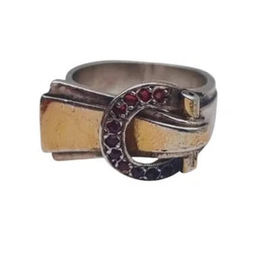 Art Deco Silver and Gold View Buckle Ring with Red Crystals, 1940. - Picture 1 of 10