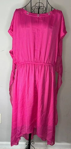 Abito donna Michael Kors rosa XL scintillante passante cravatta davanti midi nuovo con etichette $175