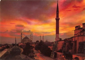 Estambul Turquía, Santa Sofía y Mezquita Azul al atardecer, postal vintage - Imagen 1 de 2