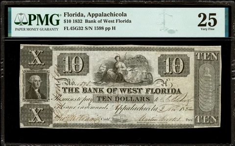 November 3, 1832 Appalachicola Bank of West Florida $10 Note PMG VF25 FL45G32 Cover