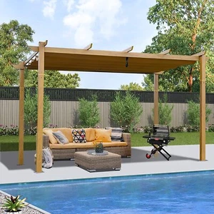 10' X 13' Outdoor Retractable Pergola with Canopy Aluminum Frame Teak-Coated - Picture 1 of 8