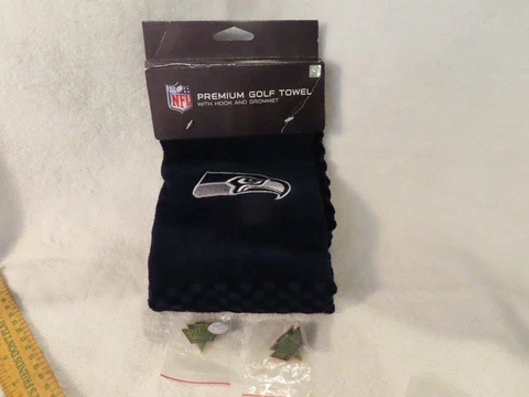 NEW NFL Seattle Seahawk Golf Towel With Hook & Grommet & 2 Seahawk Lapel Pins Cover