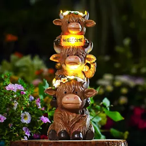 Garden Highland Cow Statue Solar Outdoor Decor Flower Decoration Funny Triple - Picture 1 of 1
