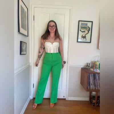 70-е винтажные лаймово-зеленые брюки с высокой талией двойной вязки из полиэстера - Изображение 1 из 4