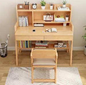 100cm Kids Desk with Bookshelf&Drawer,Solid Rubber Wood,Height Adjustable Table - Picture 1 of 9